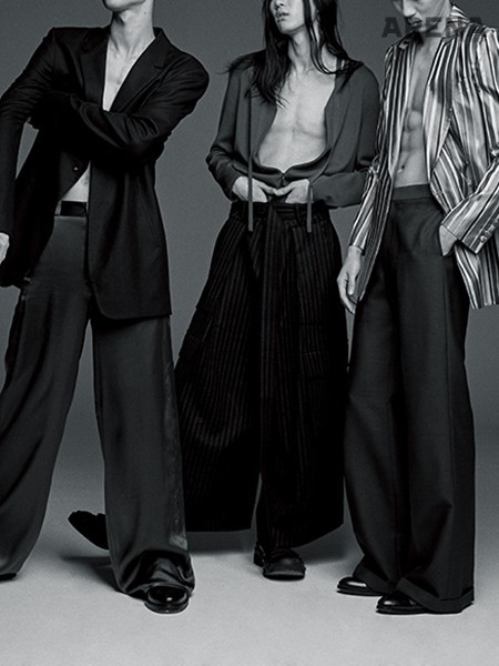 재킷 가격미정 우영미, 자주색 실크 팬츠 36만원 에이치에스에이치, 더비 슈즈 29만원 코스 제품. <br>카키색 니트·부츠 모두 가격미정 제냐 꾸뛰르 컬렉션 by 스테파노 필라티, 초크 스트라이프 팬츠 99만원 준 지 제품. <br>줄무늬 재킷 1백69만원·벽돌색 팬츠 79만8천원 모두 김서룡 옴므, 첼시 부츠 95만원 로베르 끌레제리 제품. <br>