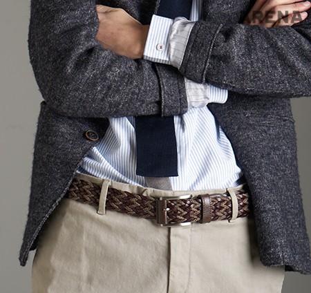 울 소재 재킷 37만9천원 시리즈, 줄무늬 셔츠 10만원대 프레드 페리, 면바지 가격미정 브로이어, 니트 타이 4만9천원 코스, 가죽 위빙 벨트 16만5천원 일모 제품. 