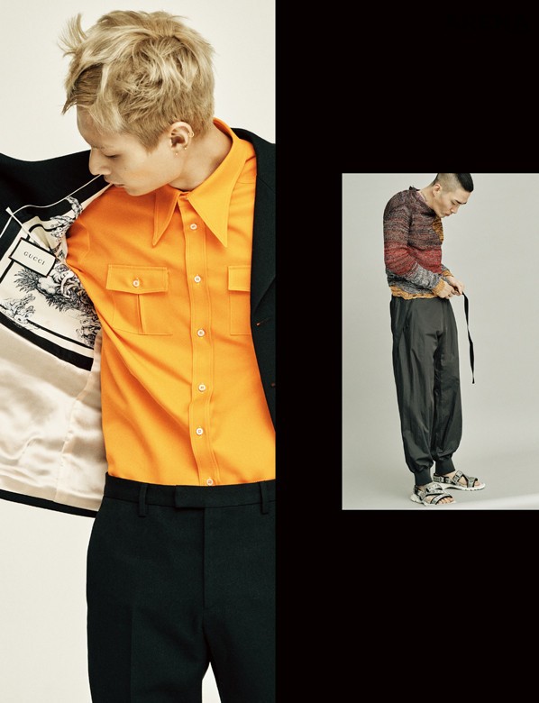 선명한 오렌지색 셔츠·검은색 수트 모두 가격미정 구찌 제품.
안에 입은 노란색과 분홍색 조합의 스웨터 79만원·겉에 덧입은 회색 스웨터 79만원·검은색 팬츠 가격미정·은색 샌들 59만원 모두 스텔라 맥카트니 by 분더샵 제품.