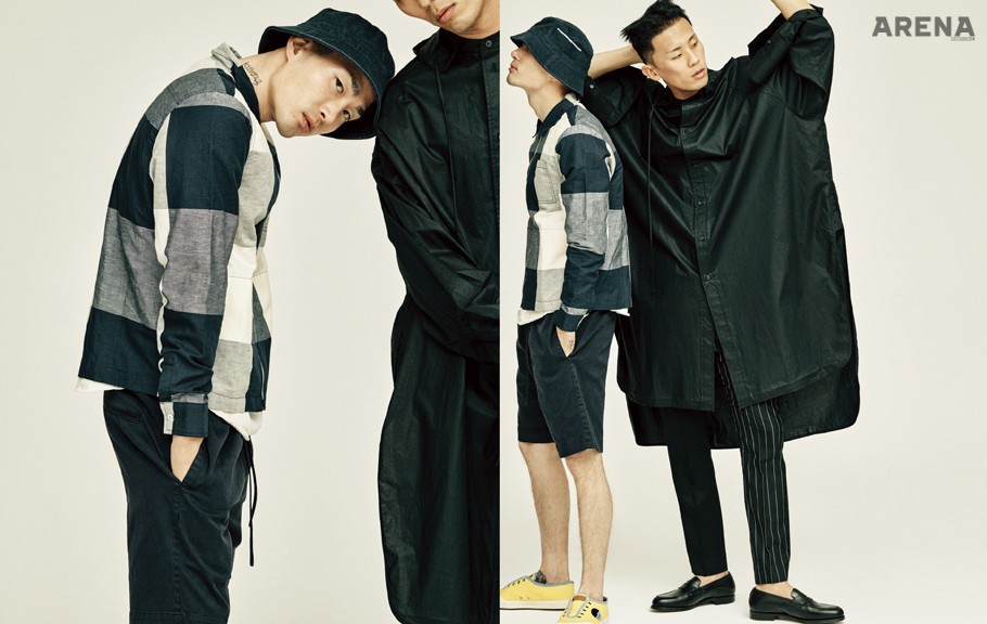 (왼쪽부터) 검은색 버킷 해트 13만8천원·흰색 티셔츠 14만8천원·굵은 깅엄 체크 재킷 29만8천원·반바지 19만8천원 모두 YMC 제품.
검은색 오버사이즈 셔츠·검은색 줄무늬 팬츠 모두 가격미정 준 지, 검은색 로퍼 가격미정 폴로 랄프 로렌 제품. 