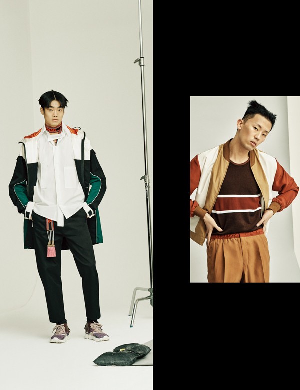 흰색 셔츠·목에 두른 붉은색 스카프·윈드 재킷·검은색 팬츠·보라색 스니커즈 모두 가격미정 발렌티노 제품.
니트 소재 슬리브리스·하늘하늘한 실크 소재 블루종·베이지색 조거 팬츠 모두 가격미정 에르메네질도 제냐 제품.