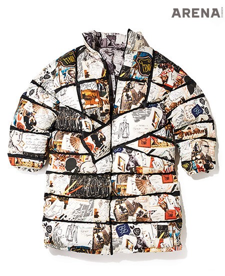 양면으로 입을 수 있는 칼 콜라주 프린트의 오버사이즈 다운 코트 6백25만원 펜디 제품. 