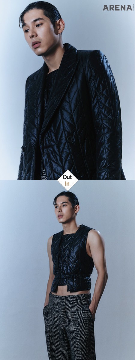 퀼팅 소재의 검은색 재킷·베스트· 헤링본 소재의 와이드 팬츠 모두 가격미정 엠포리오 아르마니,
레이스업 슈즈 가격미정 벨루티 제품.