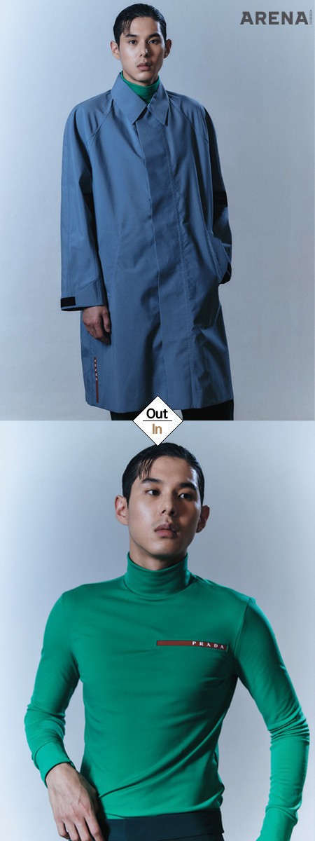 하늘색 레인코트·초록색 라텍스 소재의 터틀넥 톱·짙은 초록색 나일론 소재 팬츠 모두 가격미정
프라다 제품.