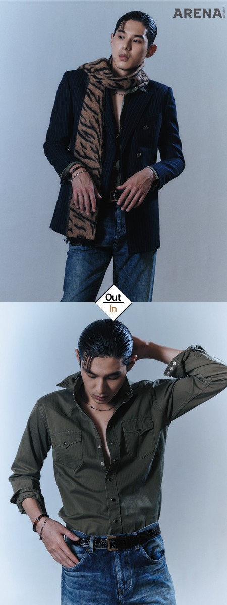 핀 스트라이프 재킷·지브라 무늬 머플러·카키색 셔츠·체인 목걸이·데님 팬츠·가죽 벨트·호피 무늬
뱅글·체인 브레이슬릿·흰색 양말·레이스업 슈즈 모두 가격미정 생 로랑 by 안토니 바카렐로 제품.