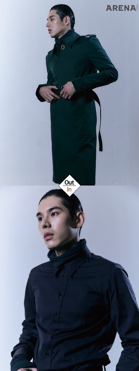 짙은 녹색 코트 3백14만5천원·셔츠 79만5천원·테크노 스킨 터틀넥 톱 가격미정·울 팬츠 가격미정·
검은색 첼시 부츠 1백76만5천원 모두 보테가 베네타 제품.