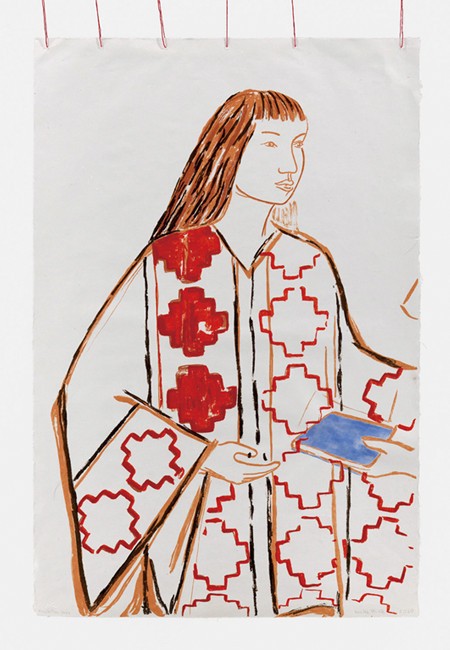 Cecilia Vicuna ‘Nina Mapuche’ 1975~2021, Edition Variee.
Lithography with Hand Coloring (Watercolor) on Mulberry
Paper with Bamboo and Red Thread, 76.2×50.8cm,
Courtesy the Artist and Lehmann Maupin, New York, Hong
Kong, Seoul and London.