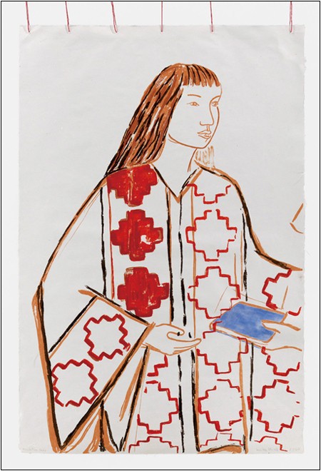Nina Mapuche,
1975~2021, Edition Variee.
Lithography with hand
coloring (watercolor)
on mulberry paper with
bamboo and red thread,
76.2×50.8cm, courtesy
Cecilia Vicuna and
Lehmann Maupin, New
York, Hong Kong, Seoul,
and London.