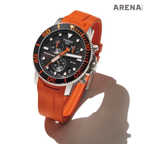 물과 땀에 자유로운 주황색 러버 스트랩 씨스타 1000 크로노그래프 67만원 티쏘 제품.