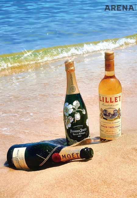 (왼쪽부터) 달지만 약간의 산미가 느껴지는 ‘모엣&샹동’, 레몬의 시큼함과 백도와 서양배의 달콤함과 흰 꽃의 아로마를 자랑하는 ‘페리에 주에 벨에포크’, 달콤한 오렌지 향과 이국적인 향취가 한가득 퍼지는 프랑스 보르도산 와인 베이스 아페리티프 ‘릴레.’