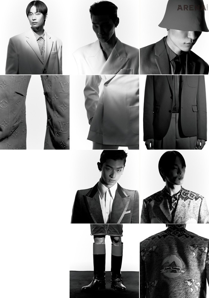 초록색 벨벳 재킷 4백40만원·초록색 벨벳 팬츠 1백94만원·연핑크색 실크 셔츠 1백10만원·레더 솔 부츠 가격미정 모두 구찌 제품. 오렌지색 버킷 해트·밤색 블레이저·핑크색 팬츠·그러데이션 무늬 셔츠·갈색 더비 슈즈 모두 가격미정 벨루티 제품. 비행기 버튼 장식 흰색 재킷·초록색 팬츠·줄무늬 셔츠·초록색 밀레니엄 스니커즈 모두 가격미정 루이 비통 제품. 자카르 소재 블레이저·실크 팬츠·실크 셔츠 모두 가격미정 루이 비통 제품. 흰색 재킷·팬츠 모두 가격미정 돌체앤가바나 제품. 