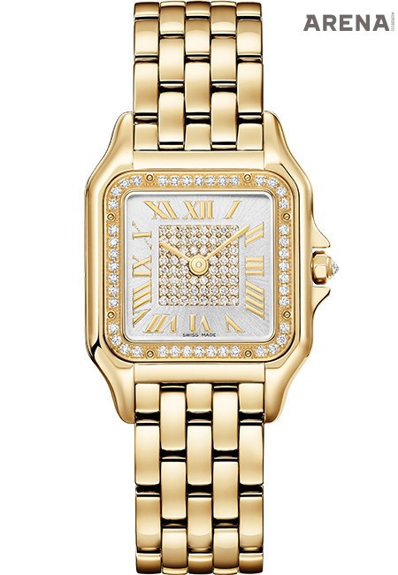 브릴리언트 컷 다이아몬드를 세팅한 옐로 골드 케이스, 옐로 골드 팔각 크라운, 브러시드 다이얼에 옐로 골드 브레이슬릿으로 이루어진 팬더 드 까르띠에 워치 미디엄 모델.