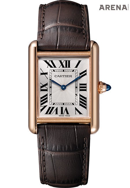 매뉴팩처 매뉴얼 와인딩 메커니컬 무브먼트, 핑크 골드 케이스, 사파이어 카보숑이 세팅된 비즈 크라운으로 이루어진 탱크 루이 까르띠에 워치 라지 모델.