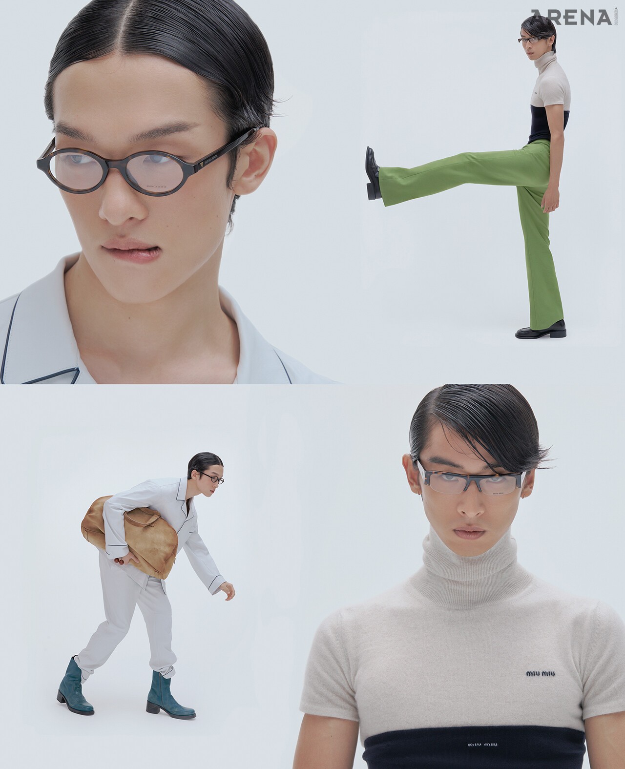 (왼쪽부터) 파자마 형태의 레더 셔츠·팬츠·부츠·볼링백·농구공 모티브 참 장식 브레이슬릿 모두 가격미정 프라다, 뿔테 안경 41만5000원 보테가 베네타 by 케어링 아이웨어 제품. 반소매 터틀넥 톱·뷔스티에·팬츠·로퍼·하프 림 안경 모두 가격미정 미우미우 제품. 