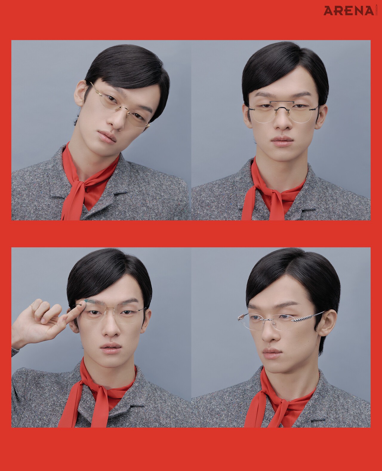 스카프 디테일 블라우스·재킷 모두 가격미정 발렌티노, (왼쪽 위부터 시계 방향으로) 로고 디테일 골드 템플 안경 59만6000원 미우미우 by 에실로룩소티카, 더블 브리지 안경 가격미정 톰 브라운, 구조적인 형태의 템플이 특징인 안경 200만원대 까르띠에 by 케어링 아이웨어, 스퀘어 형태 무테 안경 가격미정 린드버그 by 케어링 아이웨어 제품. 