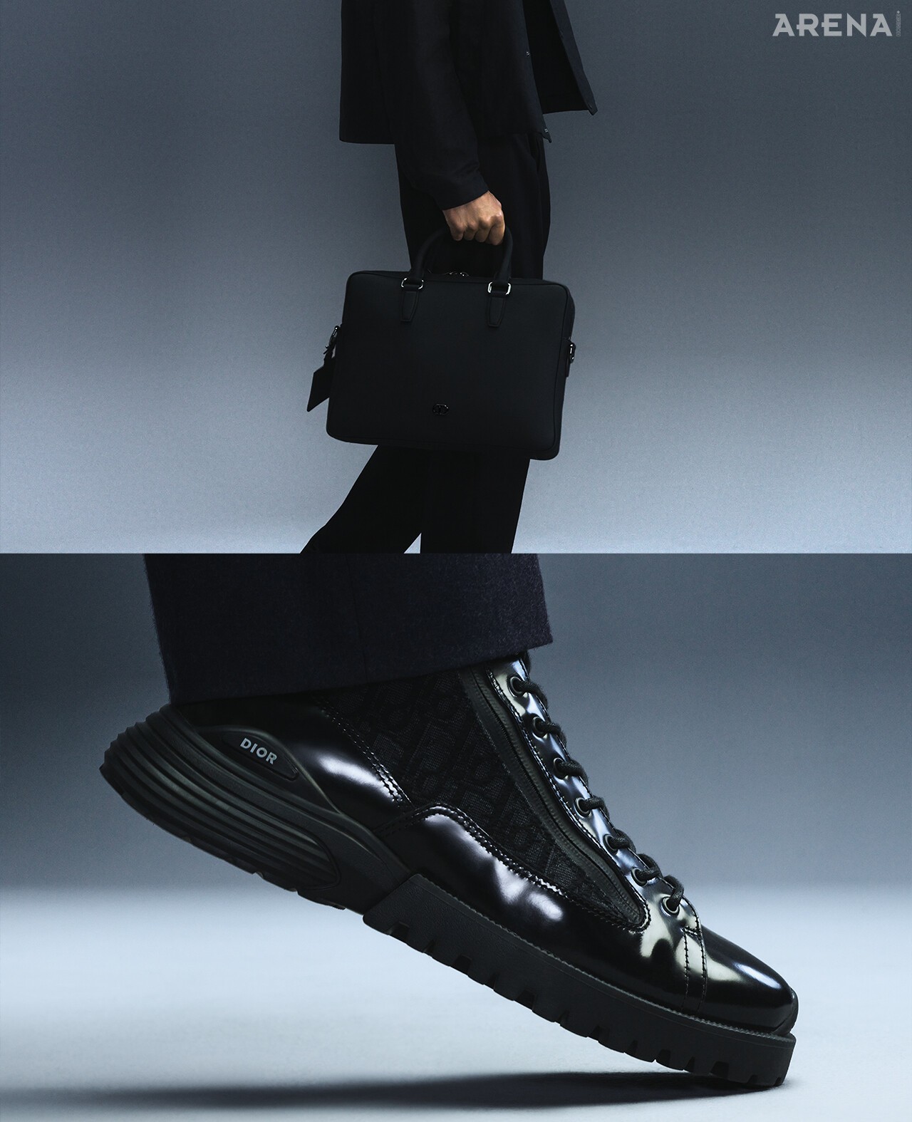 (위부터) 테크니컬 패브릭 크리스챤 디올 쿠튀르 후드 재킷·레귤러 핏 머서라이즈 코튼 저지 디올 몽테뉴 티셔츠·CD 아이콘 임브로이더리 코튼 개버딘 테일러드 트랙 팬츠·카프스킨 소재 CD 아이콘 브리프케이스 모두 가격미정 디올 맨 제품. CD 아이콘 임브로이더리 코튼 개버딘 테일러드 트랙 팬츠·디올 오블리크 패턴 자카르 디테일 카프스킨 콤배트 레이스업 앵클부츠 모두 가격미정 디올 맨 제품.