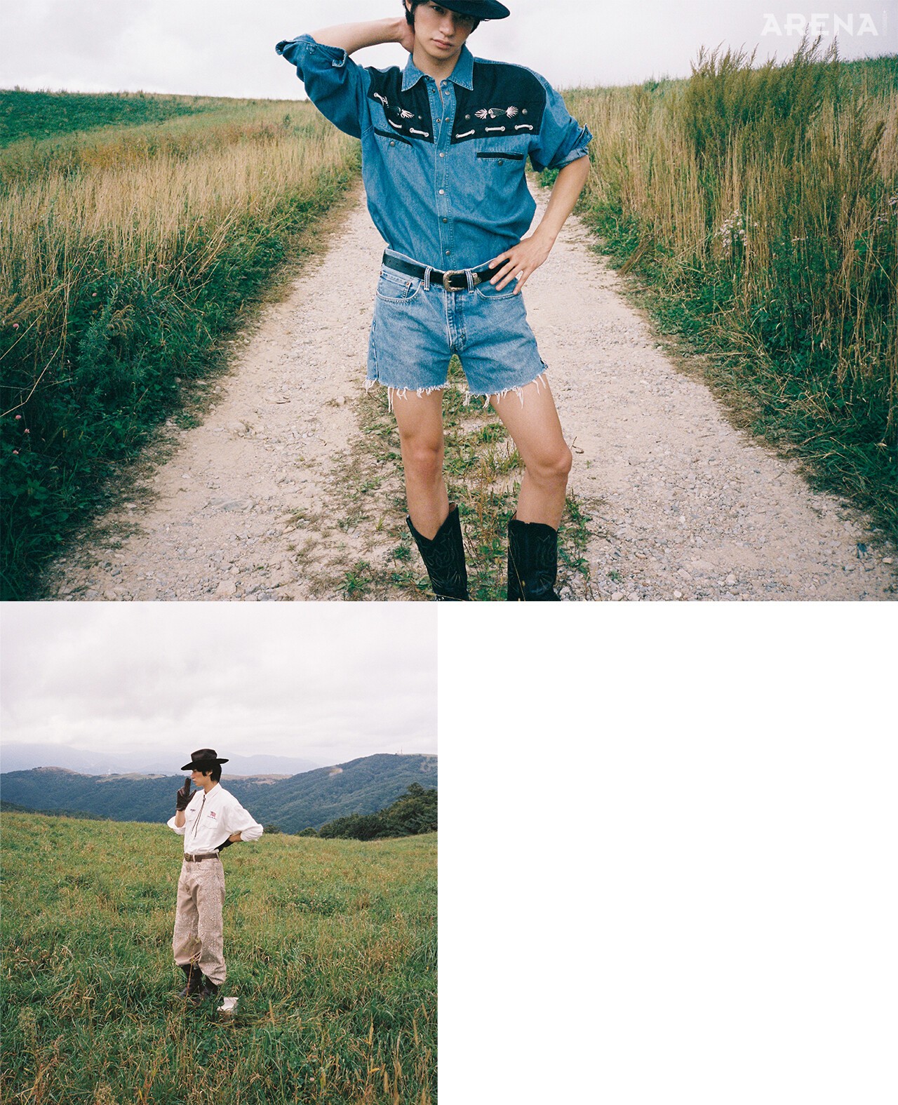 (위부터) 펜던트 디테일 웨스턴 셔츠·벨트  가격미정 파프제이, 페도라 해트 6만9900원 H&M, 데님 쇼츠·웨스턴 부츠 모두 에디터 소장품. 워크 셔츠 가격미정 파프제이, 크리스털 장식 데님 팬츠 가격미정 아미리, 라이더 부츠 190만원·체크 가죽 장갑 126만원 모두 버버리, 스터드 장식 해트 48만8000원 골든구스, 볼로 타이·벨트 모두 에디터 소장품.