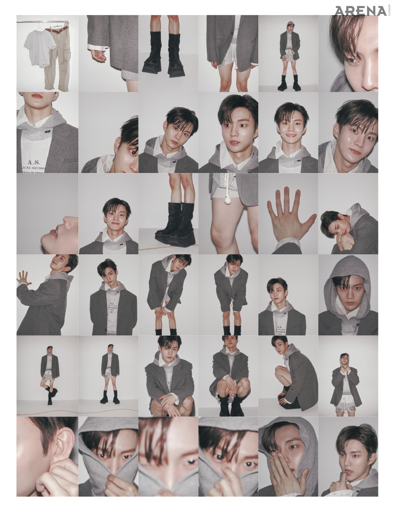 블레이저 재킷 질 샌더, 후드 티셔츠·트레이닝 쇼츠 모두 아크네스튜디오, 이너로 착용한 스트라이프 셔츠 디올 맨, 슈즈 릭 오웬스 제품.