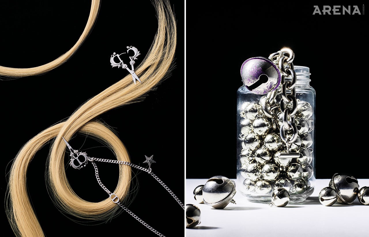 가위 손잡이를 CD 로고로 형상화한 싱글 이어링·가위와 별 펜던트로 완성한 네크리스 모두 가격미정 디올 맨, 보라색 스프레이를 뿌린 듯한 방울 장식 브레이슬릿·방울 모양 이어링 모두 가격미정 아크네 스튜디오 제품. 