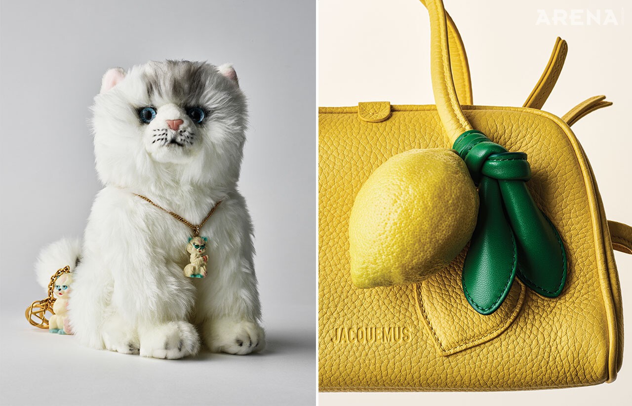 고양이 펜던트 네크리스 92만원·V 로고를 더한 르 샤 드 라 메종 키 체인 86만원 모두 발렌티노 가라바니, 초록색 매듭 디테일의 투리스모 백 가격미정 자크뮈스 제품.