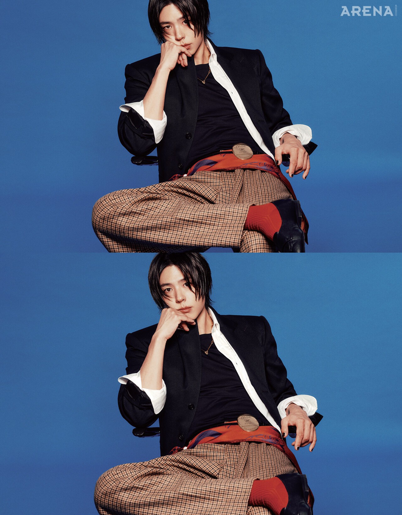 콜론 재킷 460만원·셔츠 155만원·티셔츠 93만원·몬탁체크 팬츠 가격미정·존 몽크 슈즈 170만원·트뤼옹 벨트150만원·스퀘어 스카프 82만원·브라스 체인 네크리스100만원 모두 셀린느, 양말 스타일리스트 소장품.