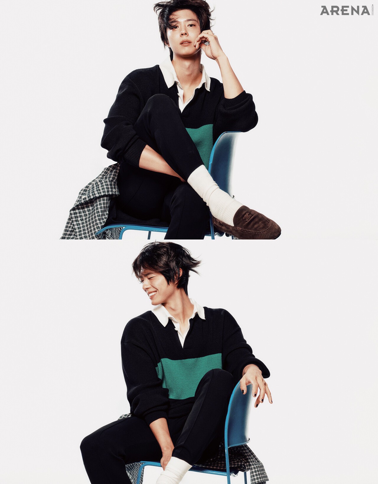 스웨터 260만원·메르스 팬츠 가격미정·로퍼 슈즈 135만원·타탄셔츠 145만원 모두 셀린느, 양말 스타일리스트 소장품.