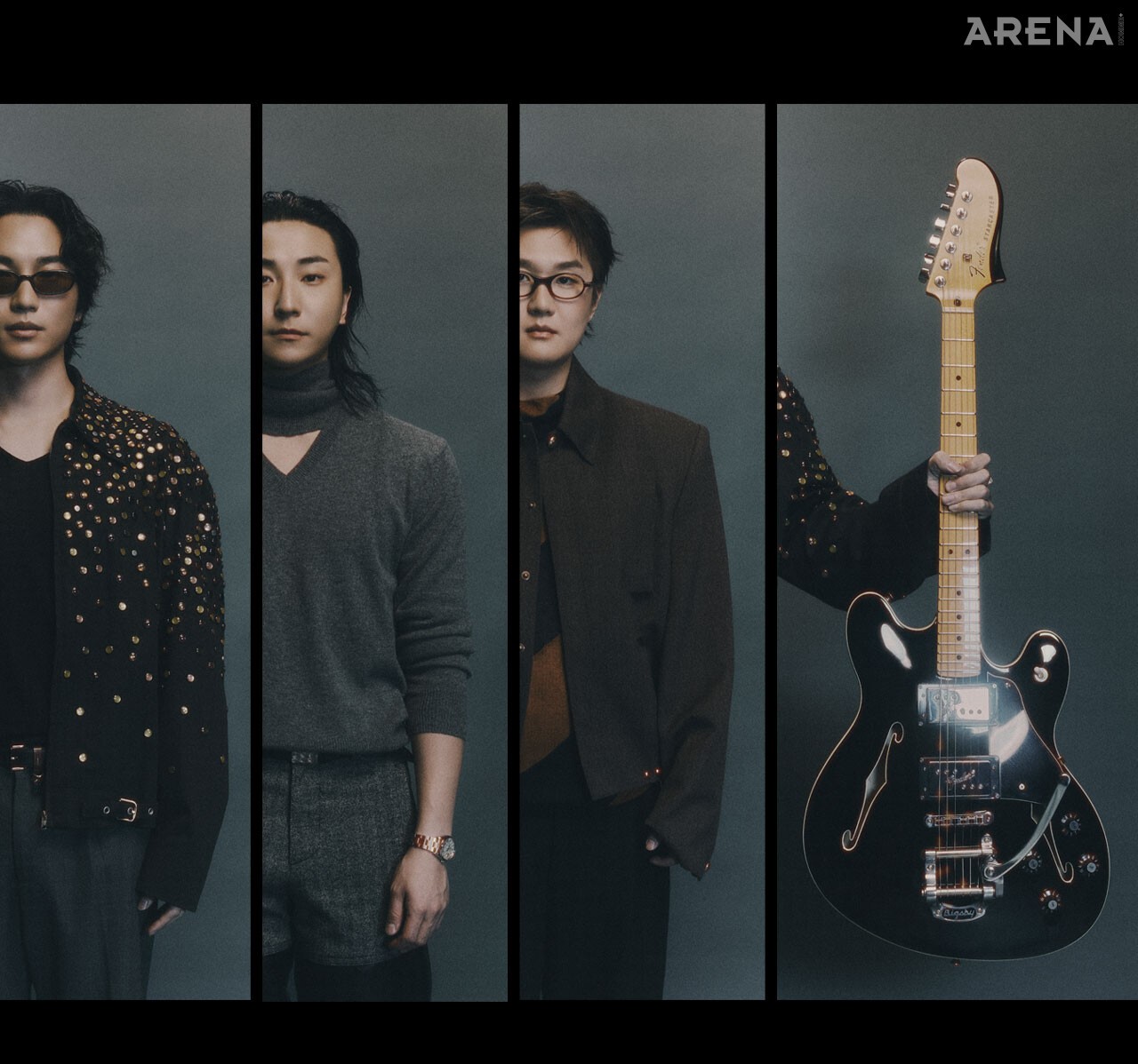 다니엘이 입은 재킨 뉴인, 이너 톱 레이블리스, 벨트 메종 마르지엘라, 안경 아티스트 소장품.동규가 입은 니트 톱·팬츠 모두 유지, 벨트 큐레이티드 퍼레이드, 시계 아티스트 소장품.순종이 착용한 재킷·톱·팬츠 모두 뉴인, 안경 아티스트 소장품.