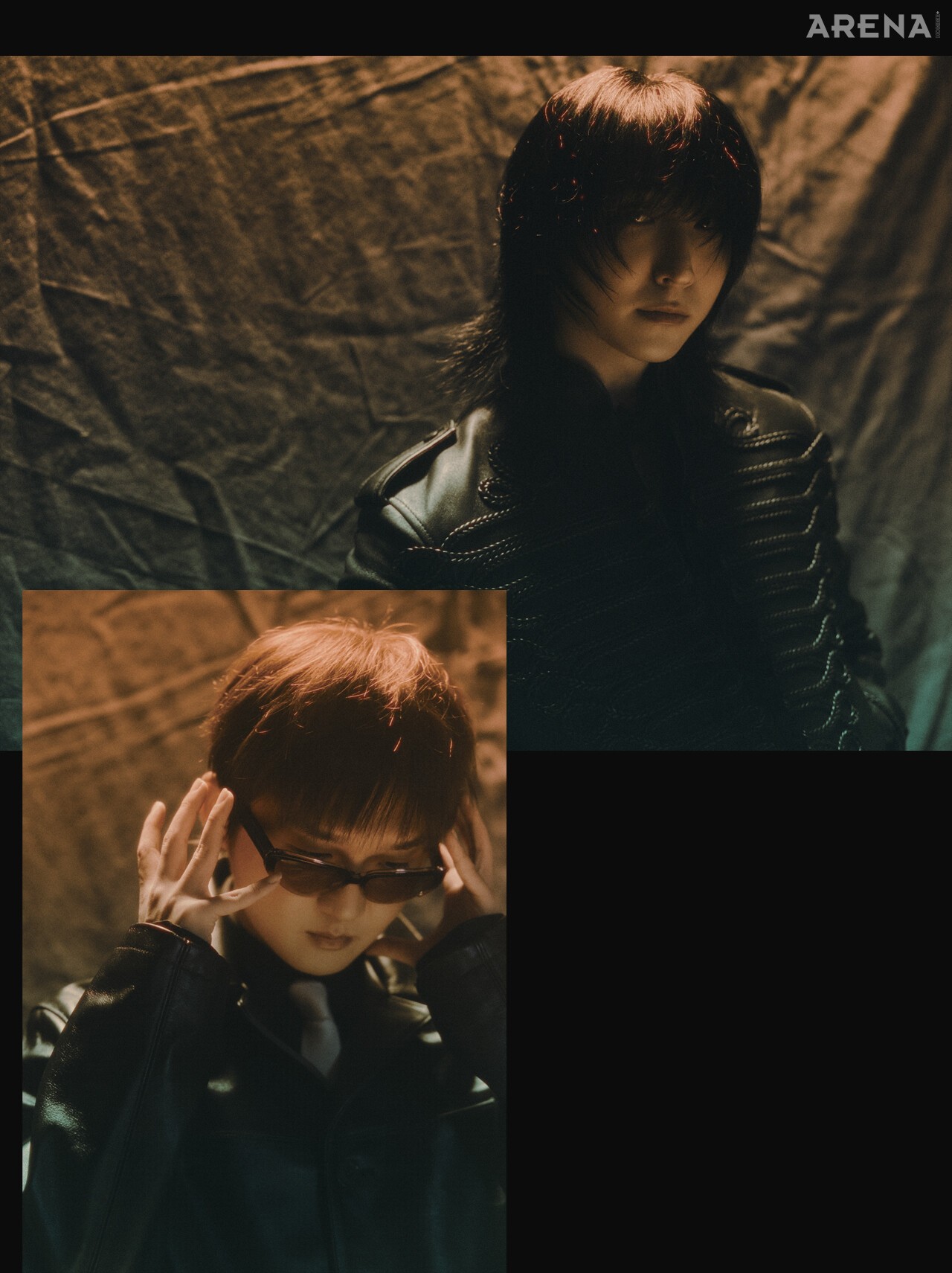 동규가 입은 레더 재킷·셔츠 모두 맥퀸 제품.순종이 입은 레더 코트·셔츠 큐레이티드 퍼레이드, 선글라스 맥퀸, 타이 스타일리스트 소장품.